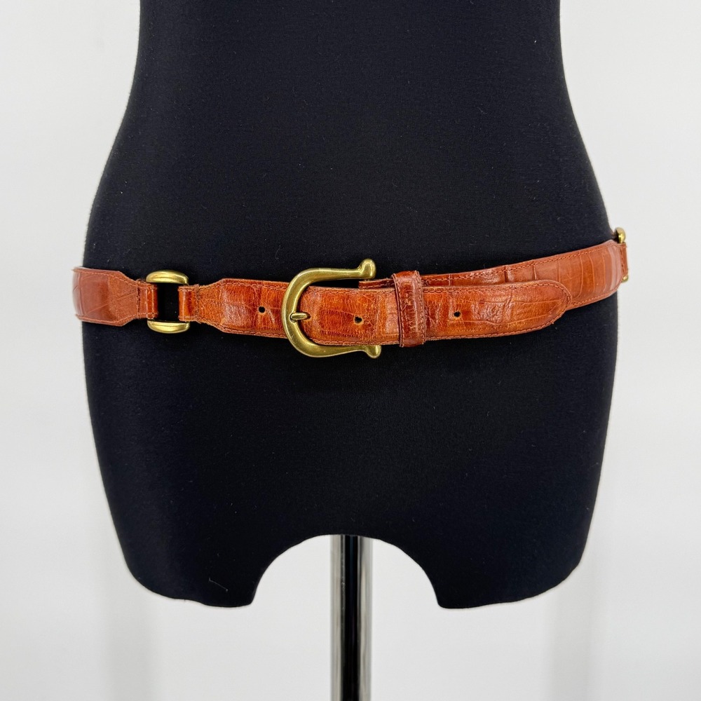Fossil Vintage Brown Croc Embossed Leather Belt Brass Buckle Womens Large